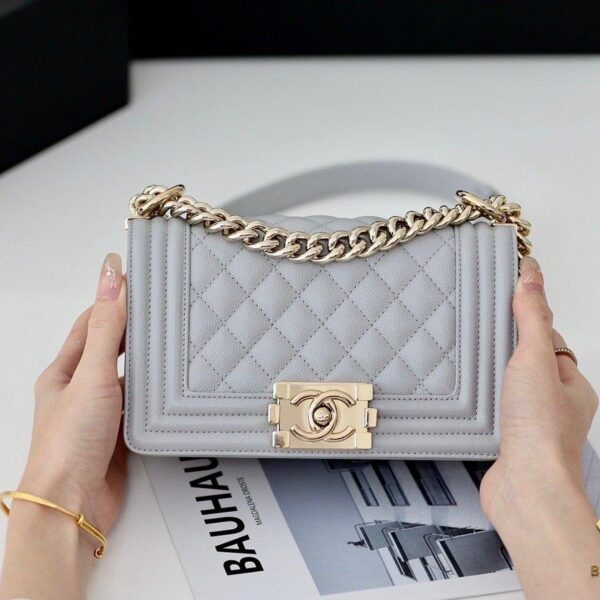 Small Chanel Chevron Grain Calfskin Boy Bag Grey