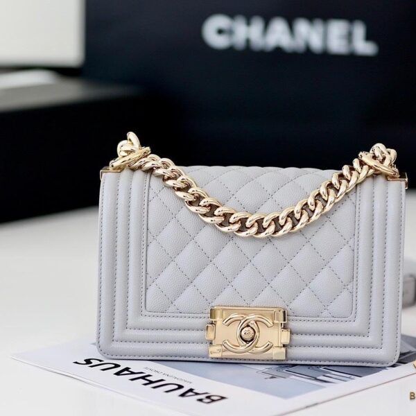 Small Chanel Chevron Grain Calfskin Boy Bag Grey