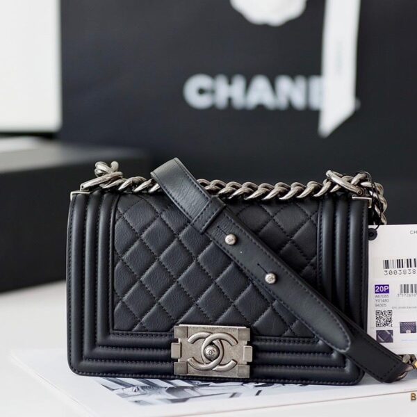 Small Chanel Chevron Grain Calfskin Boy Bag Black